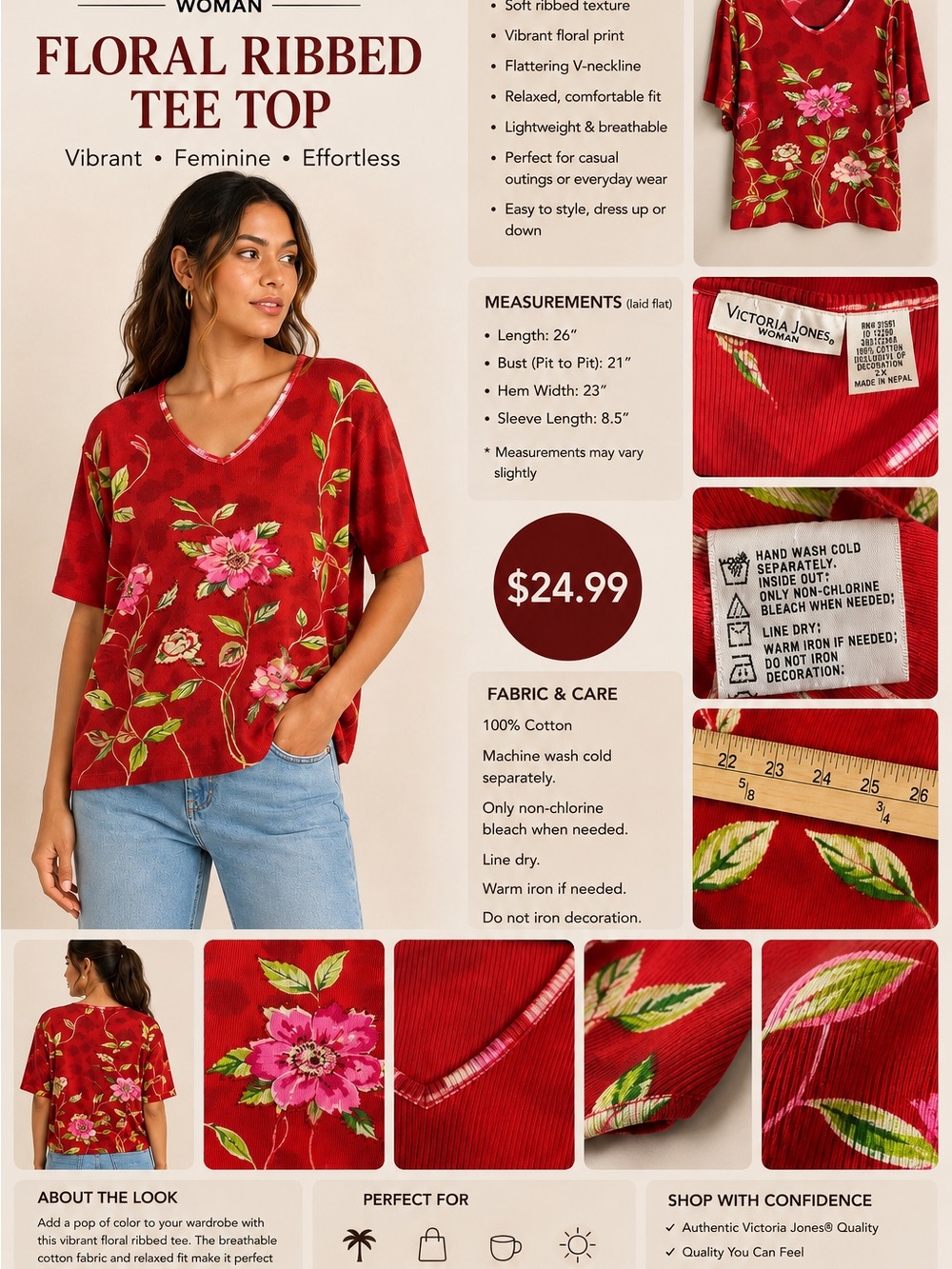 Victoria Jones Woman Red Short-Sleeve Floral V‑Neck Top
